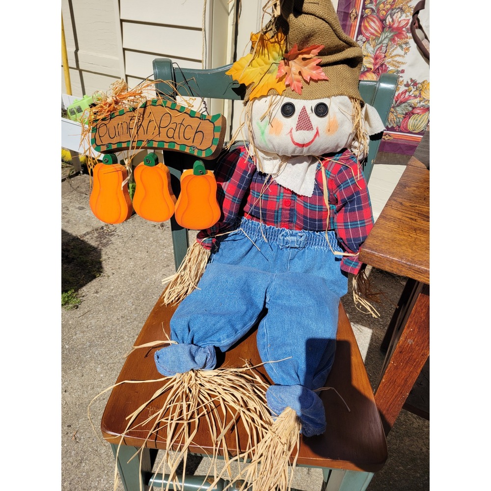 Vintage Style 36 Inch Sitting Scarecrow Fall Harvest Decor Plaid Shirt Denim